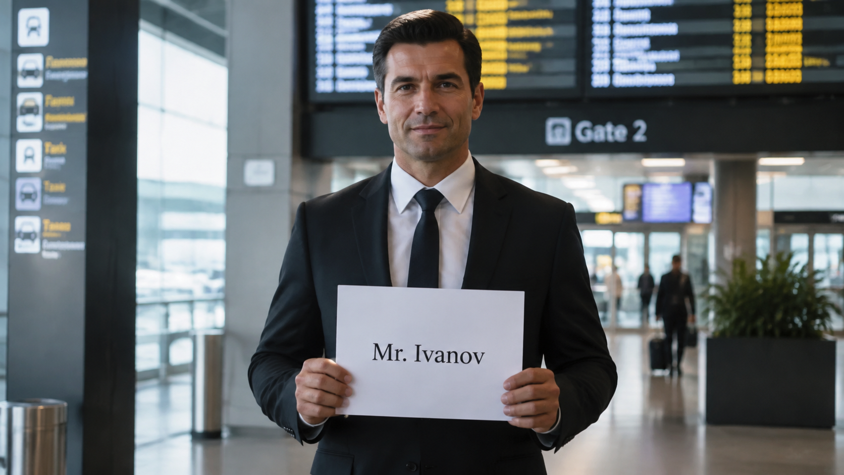 Kierowca z tabliczką przy wyjściu z terminalu lotniska