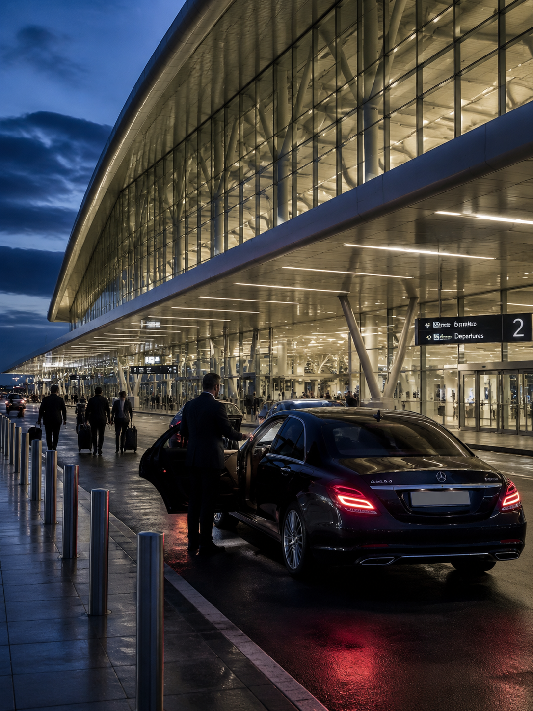 Terminal lotniska z podjeżdżającym eleganckim samochodem transferowym